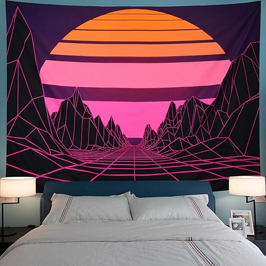 Tompop Tapestry Retro Futuristic Landscape 1980s Digital Cyber 80s Party Sci Home Decor Wall Hanging For