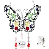 KUNDGLA Butterfly Suncatcher Grandma Stained Glass Sun Catcher for Windows Hangings Ornament with Pressed Real Flower Wings in Glass and Metal Heart Charm Birthday Gift for Women Mothers Day Christmas