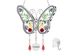 KUNDGLA Butterfly Suncatcher Grandma Glass Sun Catcher, Pressed Real Flower Wings in Glass, Butterfly Suncatchers Grandma`s Birthday Gift Ornament for Windows with Metal Heart Charm