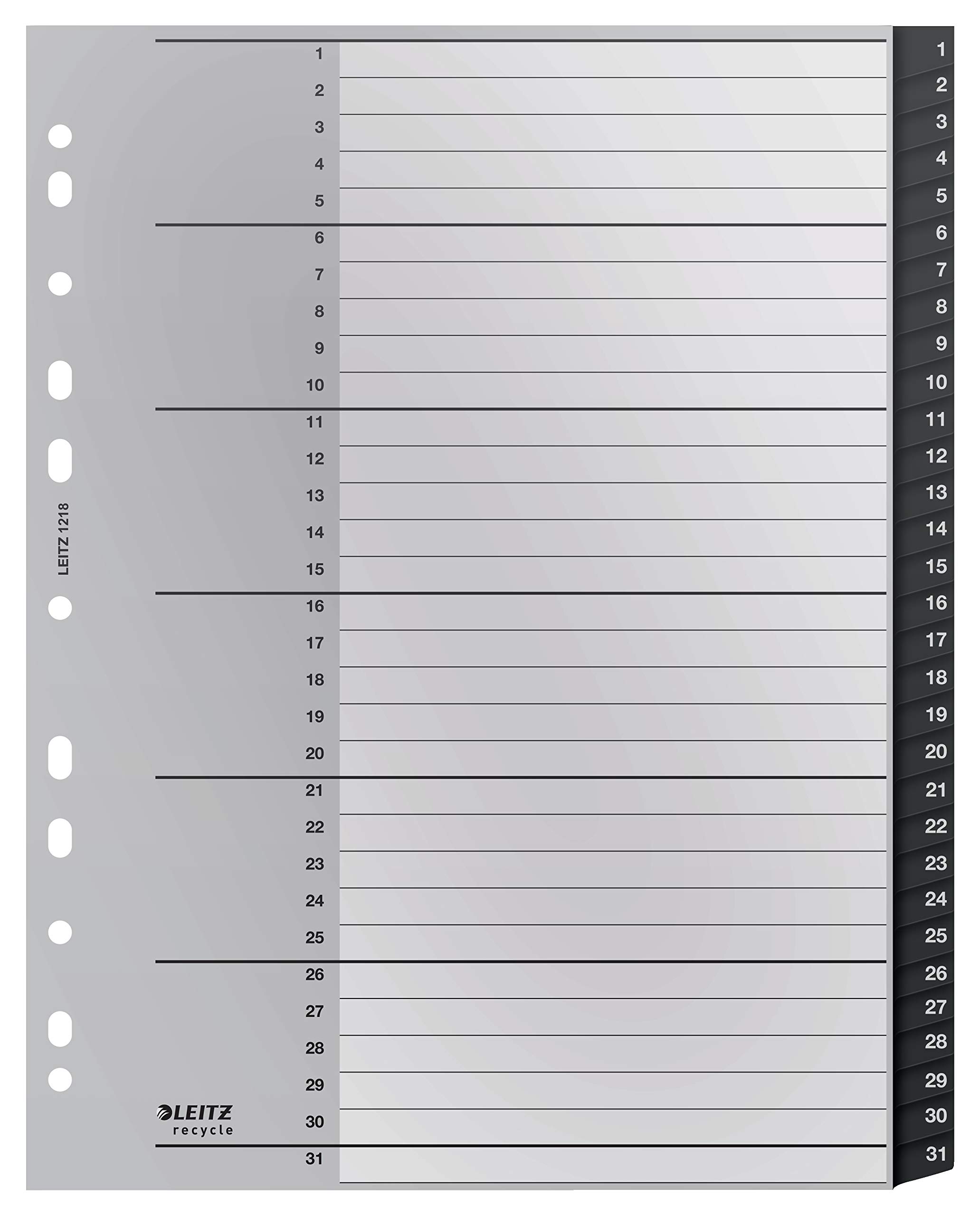 Leitz Index Folder Divider, 1-31 Numerical Tabs, A4, Extra Wide, 90% Recycled Plastic, Eco Friendly, Premium Quality, Recycle Range, 12180095, Black