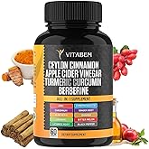 Ceylon Cinnamon Capsules 3000mg Turmeric 3000mg Apple Cider Vinegar 3000 mg Ginseng 2000mg Aloe Vera 2000mg Berberine Supplement 1200mg + Banaba | Bitter Melon | Gymnema | Ginger Root - 60 Count