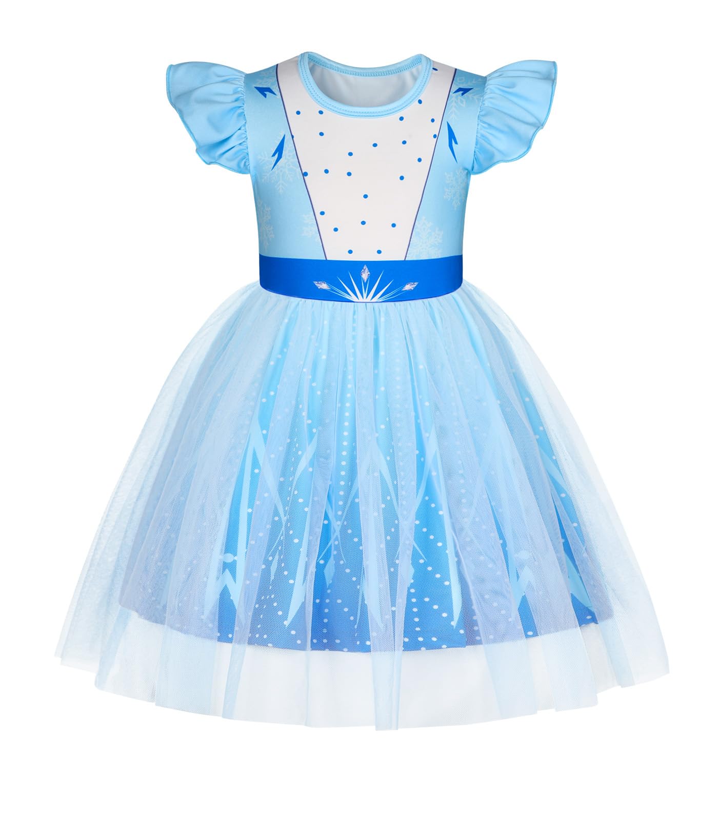 HenzWorld Dress for Girls Princess Costume Kids Birthday Party Gift Halloween Costumes Dressing up Clothes Christmas Cosplay 5-6X, Blue White Kids Short Flutter Sleeve Tulle Tutu Dresses