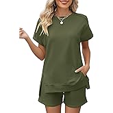 LOMON Womens Fashion 2 Piece Outfits Sweatsuits 2026 Summer Short Sleeve Loungewear Tracksuit Round Neck Lounge Shorts Sets