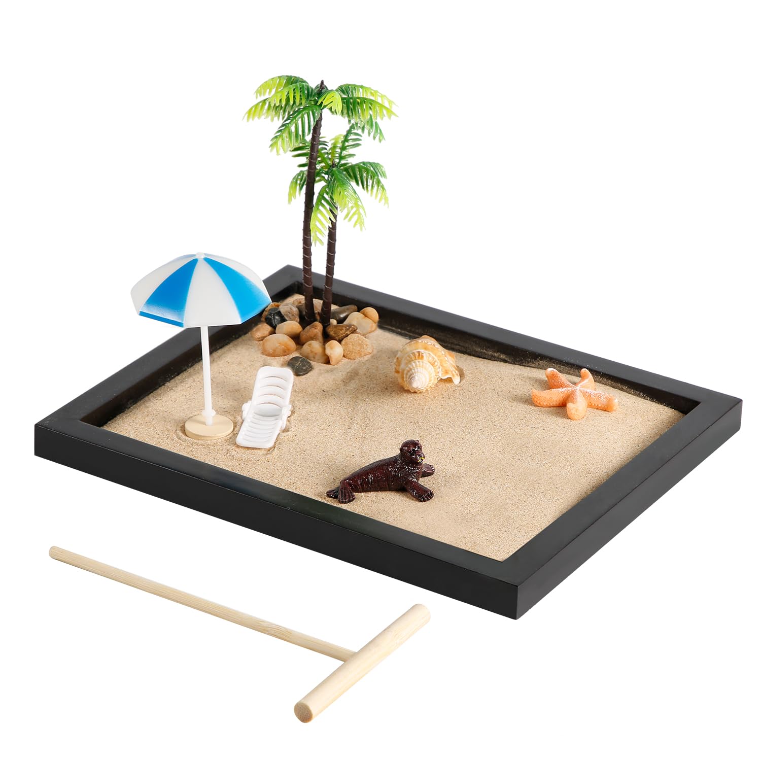 NQEUEPN Zen Garden Kit for Desk, Japanese Mini Zen Sand Garden Box Zen Desk Decor Mini Beach Zen Garden with Tray Sand Tool Desktop Meditation Accessory Gift for Home Office, Women: 20-22, Black