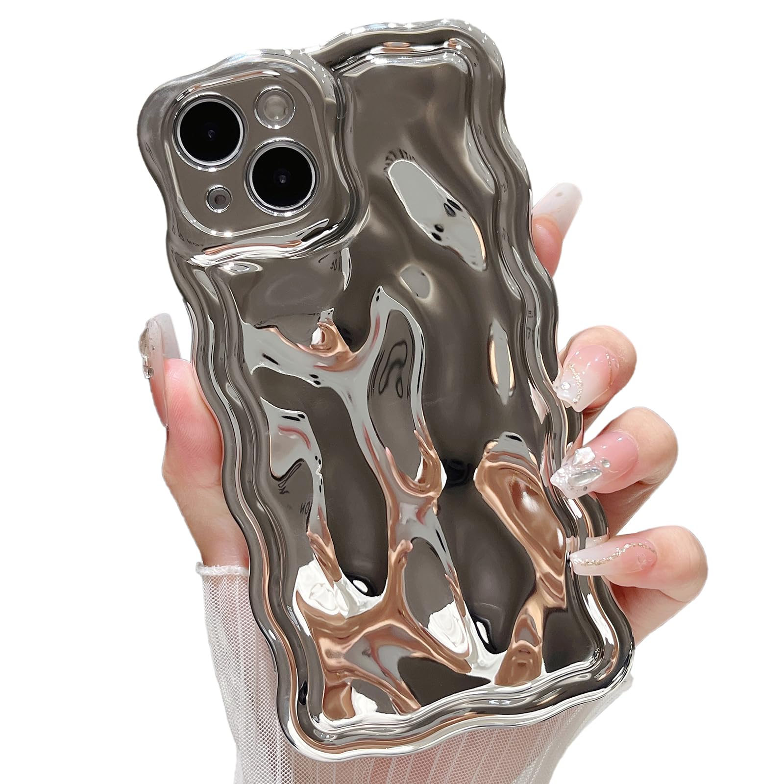 ZTOFERA Wavy Case for iPhone 13, Cute Wave Frame Shiny 3D Ripple Electroplating Design Protective Phone Case Soft TPU Bumper Shockproof Cover for Girls Women, Silver — image 1