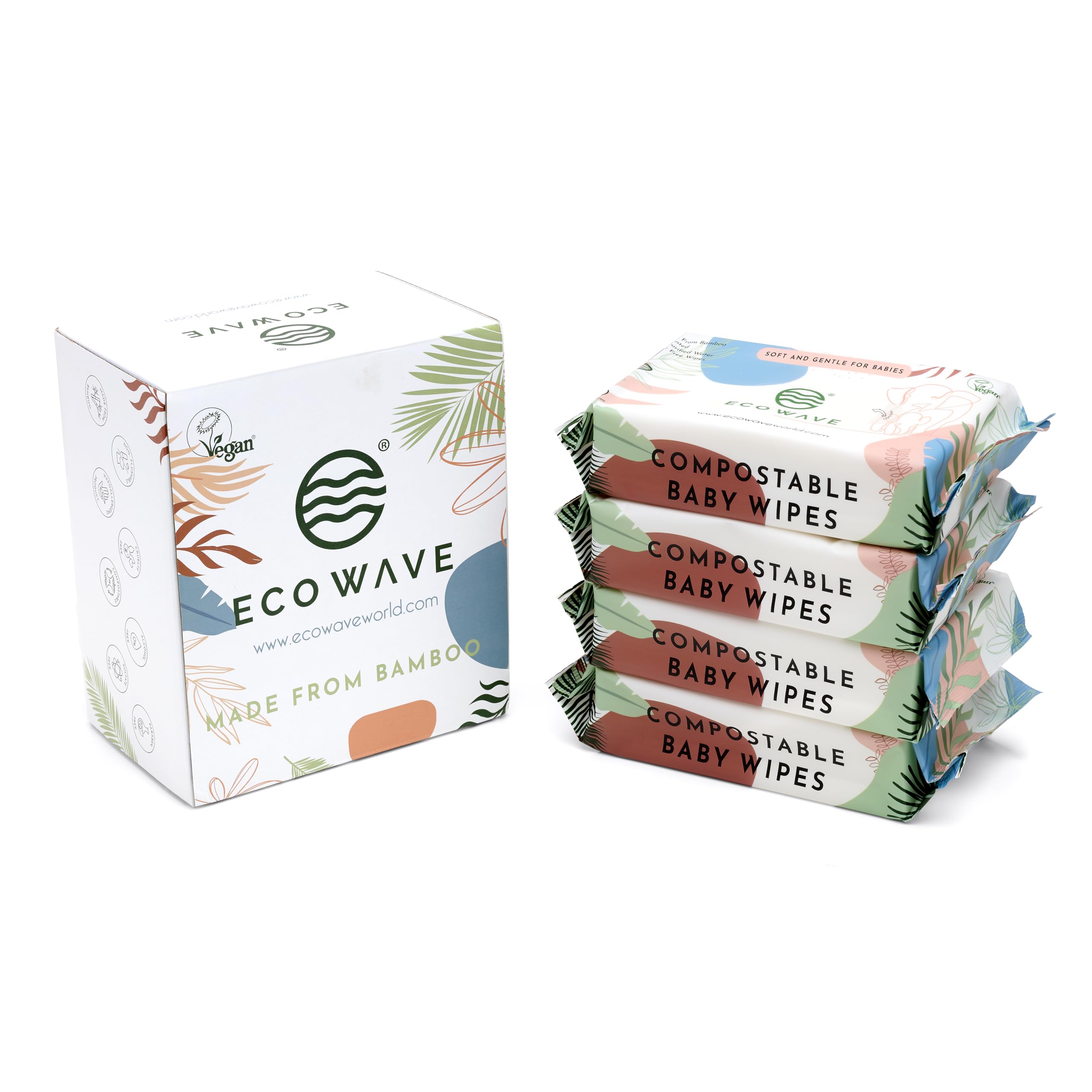 Eco Wave Baby Wipes, 100% Compostable Eco-Friendly Bamboo Wipes, Unscented, Hypoallergenic, Vegan, Alcohol-Free, Suitable For Sensitive Skin (64 Count Pack of 4)