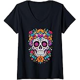 Womens Mexican Flowers Dia De Los Muertos, Women | Sugar Skull V-Neck T-Shirt