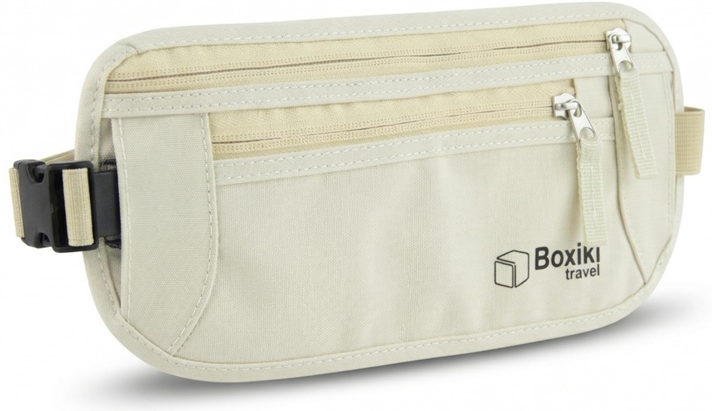 Boxiki Travel Hidden Money Belt for Men & Women - RFID Blocking Waist Pack for Passport, Wallet & Phone - Safe and Secure for Travel (Beige)