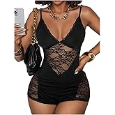 SweatyRocks Women's Lace Sheer Deep V Neck Skinny Romper Bodysuit Sexy Shorts Jumpsuit Clubwear