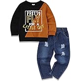 oklady Toddler Boy Clothes Colorblock Long Sleeve Letter Sweatshirts Top and Ripped Jeans Pants Boys Fall Winter Outfits 2-6T