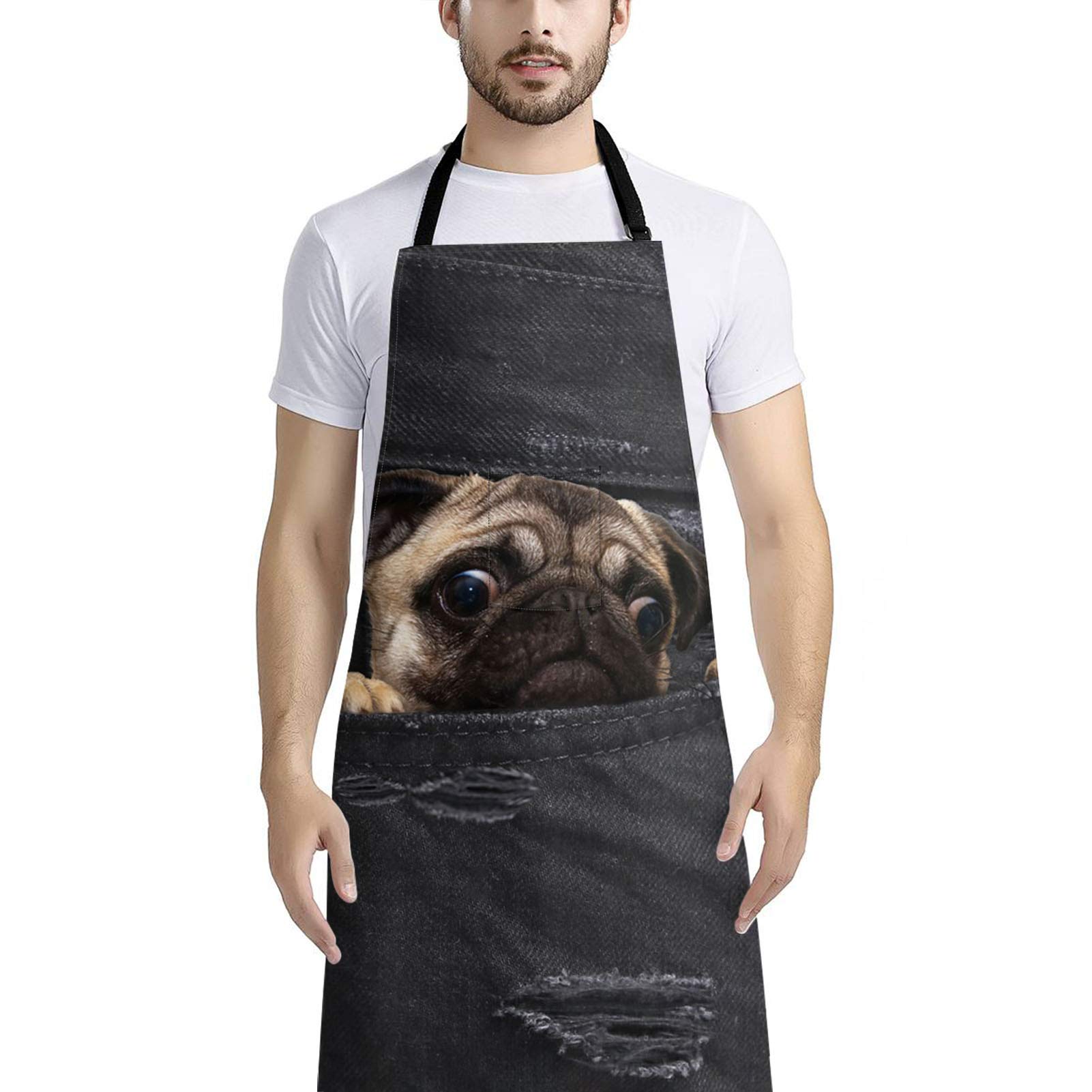 HUGS IDEA Pocket Pug Adorable Vivid 3D Dog Jeans Apron Lengthen Cooking Kitchen Waterproof,Adjustable Chef Apron with Pockets for Home BBQ,School,Coffee House,Apron for Men Women