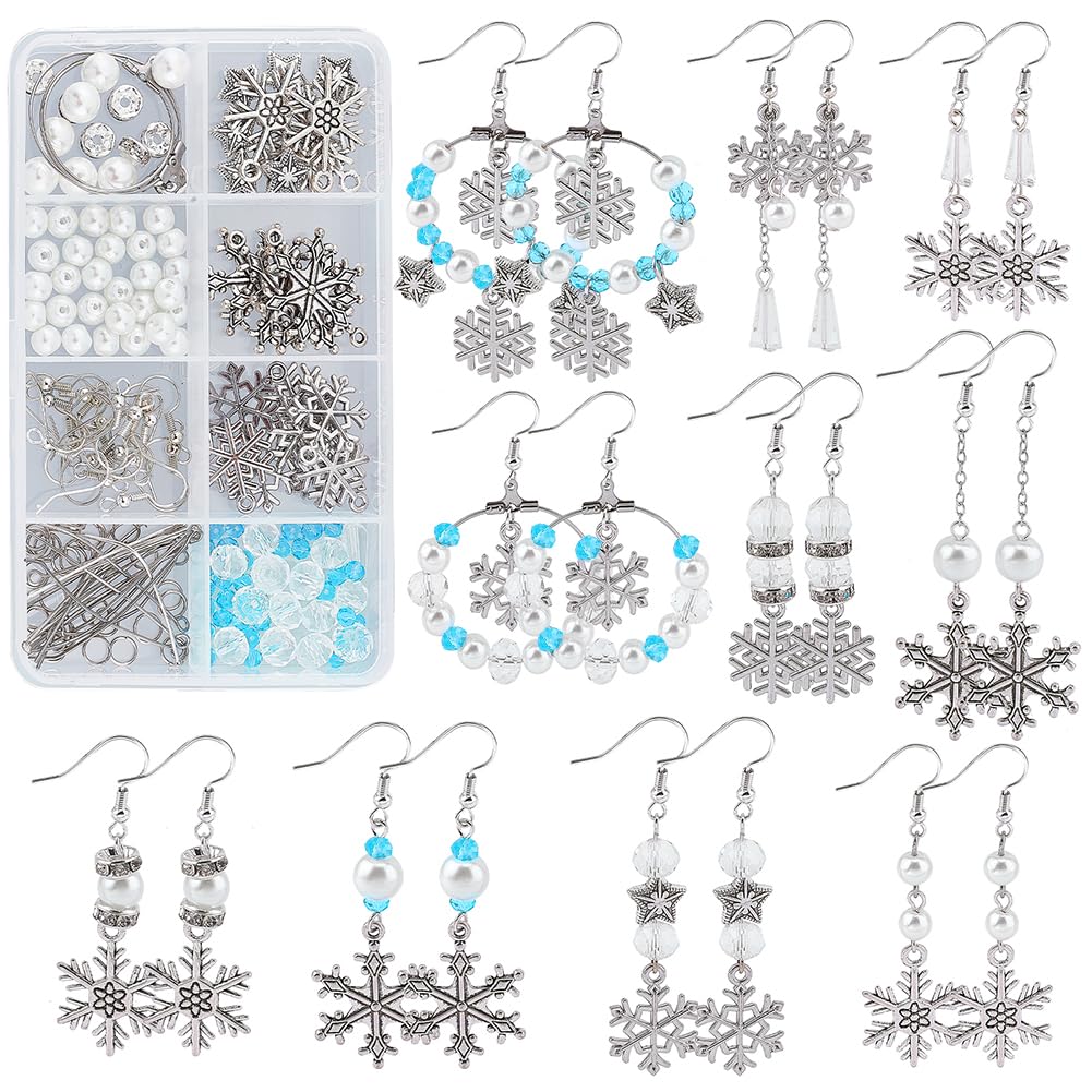 SUNNYCLUE 1 Box DIY 10 Pairs Christmas Charms Snowflake Charm Earring Making Kit Winter for jewellery Making Alloy Snow Glass Beads Star Bead Adult Women Craft Antique Silver Instruction — image 1