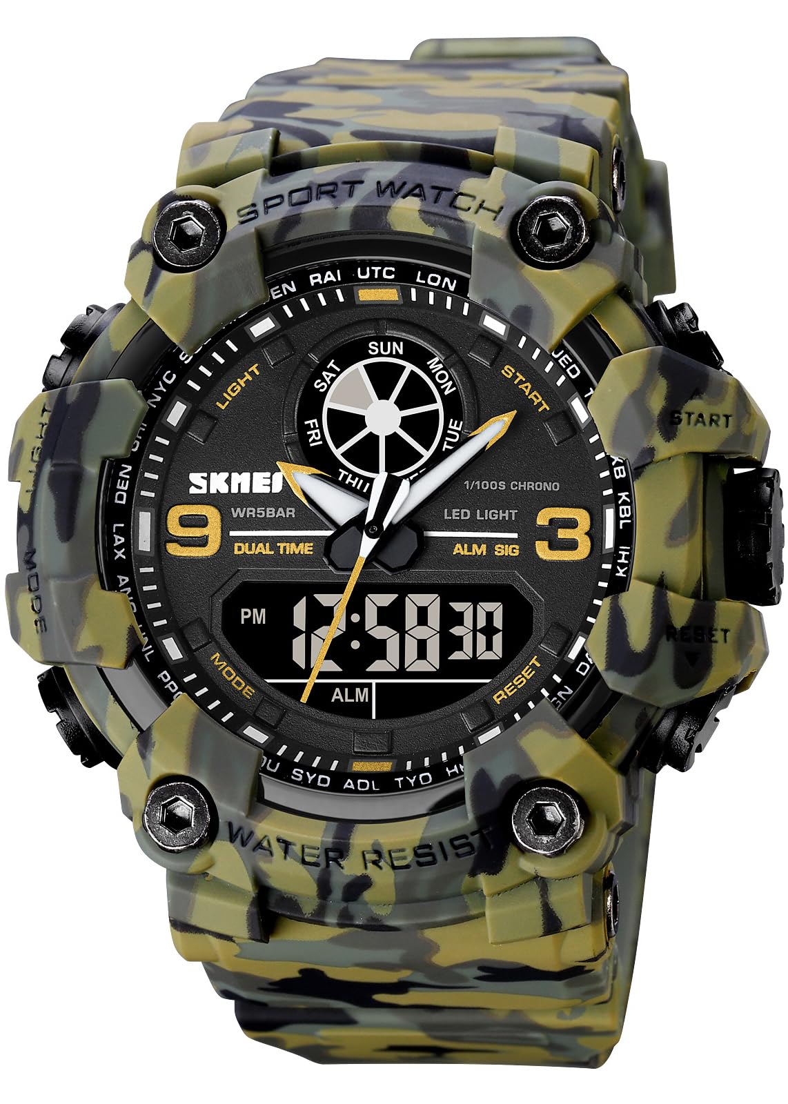 FANMIS Mens Analog Digital Dual Display Sports Watches Military Multifunctional 50M Waterproof LED Watch with Alarm Stopwatch Backlight 12H/24H Outdoor Running Swimming, Camouflage Green, Digital