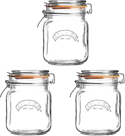 Kilner Square Clip Top Jar Set of 3, 1 Litre Airtight Glass Jars