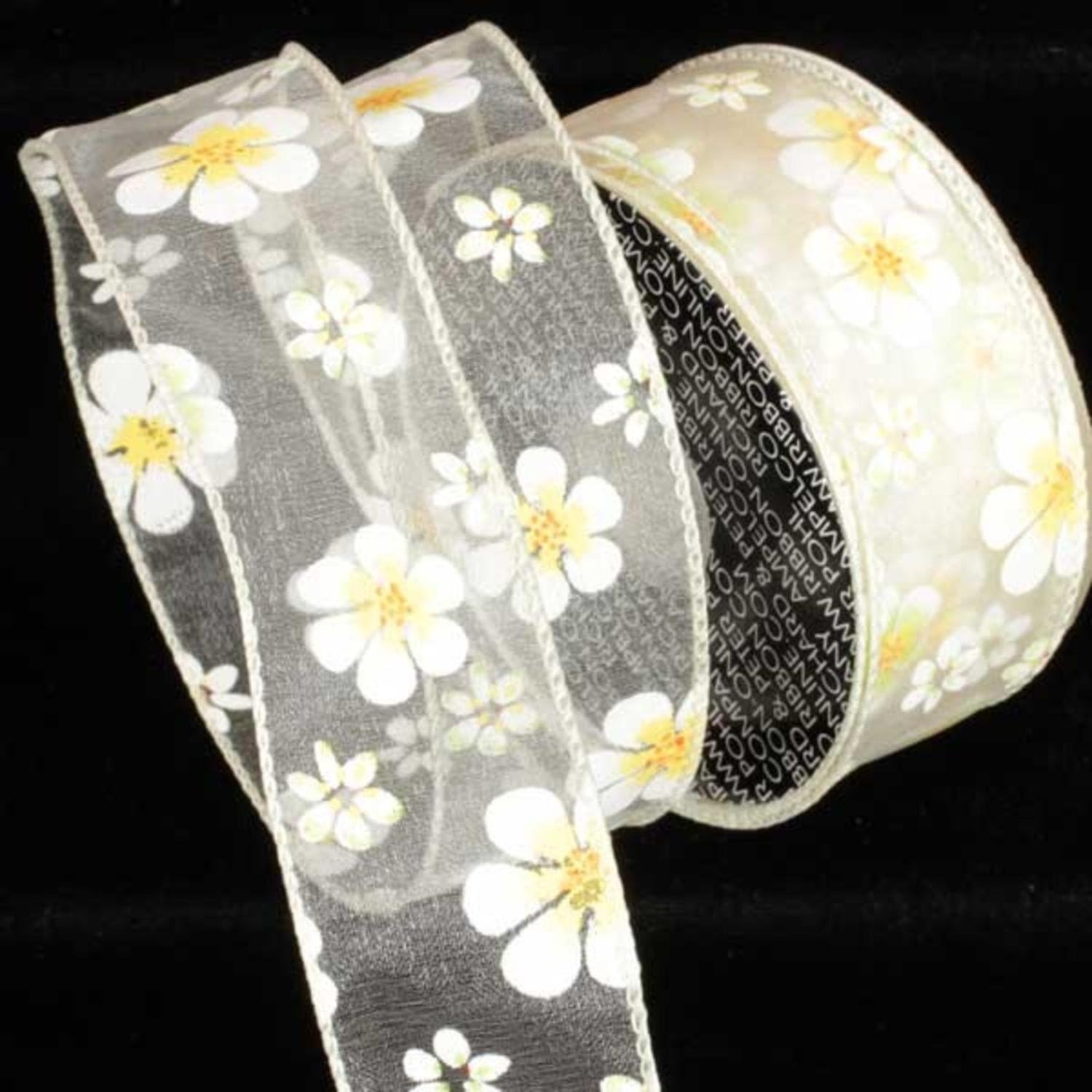 Sheer White and Yellow Gerbera Daisy Print Wired Craft Ribbon 1.5" x 40 Yards