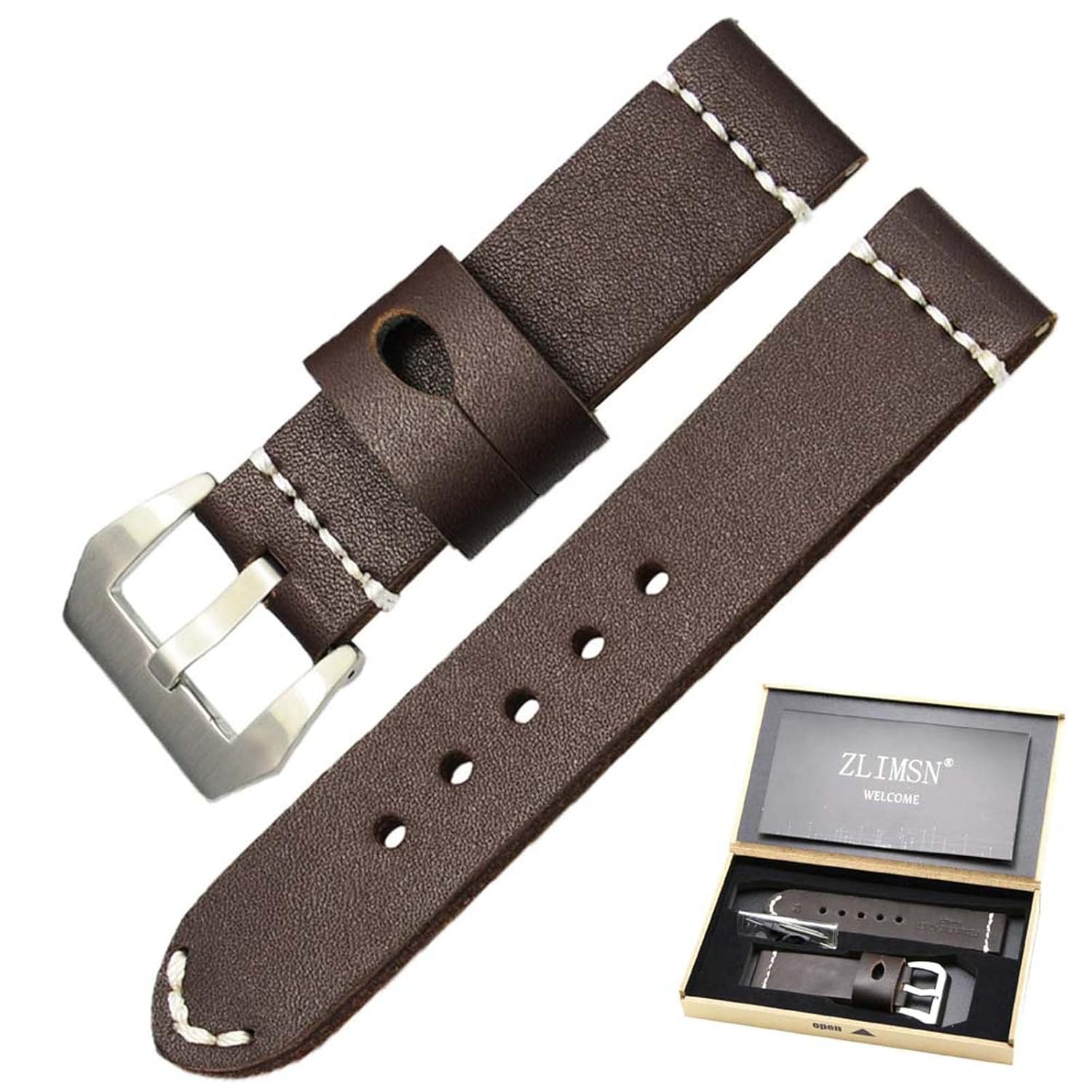 気質アップ Zlimsn腕時計ストラップ 22 Mm 24 Mmレザー交換用純正腕時計バンドfor Men Withステンレスバックル Brown Band With White Stitched 24mm B072dtfqsg Seminario Ekosbrasil Org