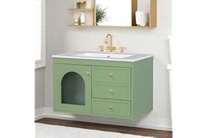 ChicFurnit Bathroom Vanity Sink and Cabinet Combo, Stylish Curved Glass Door and Elegant Gold Handles, Floating Design, Bathroom Cabinet with Ceramic Sink,Light Green