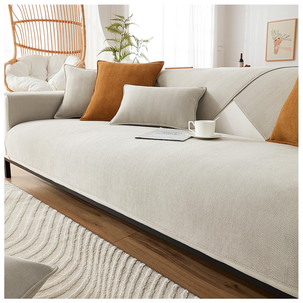 NUODWELL Herringbone Chenille Sofa Cover 1/2/3/4 Seater, Furniture Protector Couch Cover Universal Non-Slip L Shape Couch Cover Quilted Corner Slipcovers for Living Room (Beige, 70 * 120cm)
