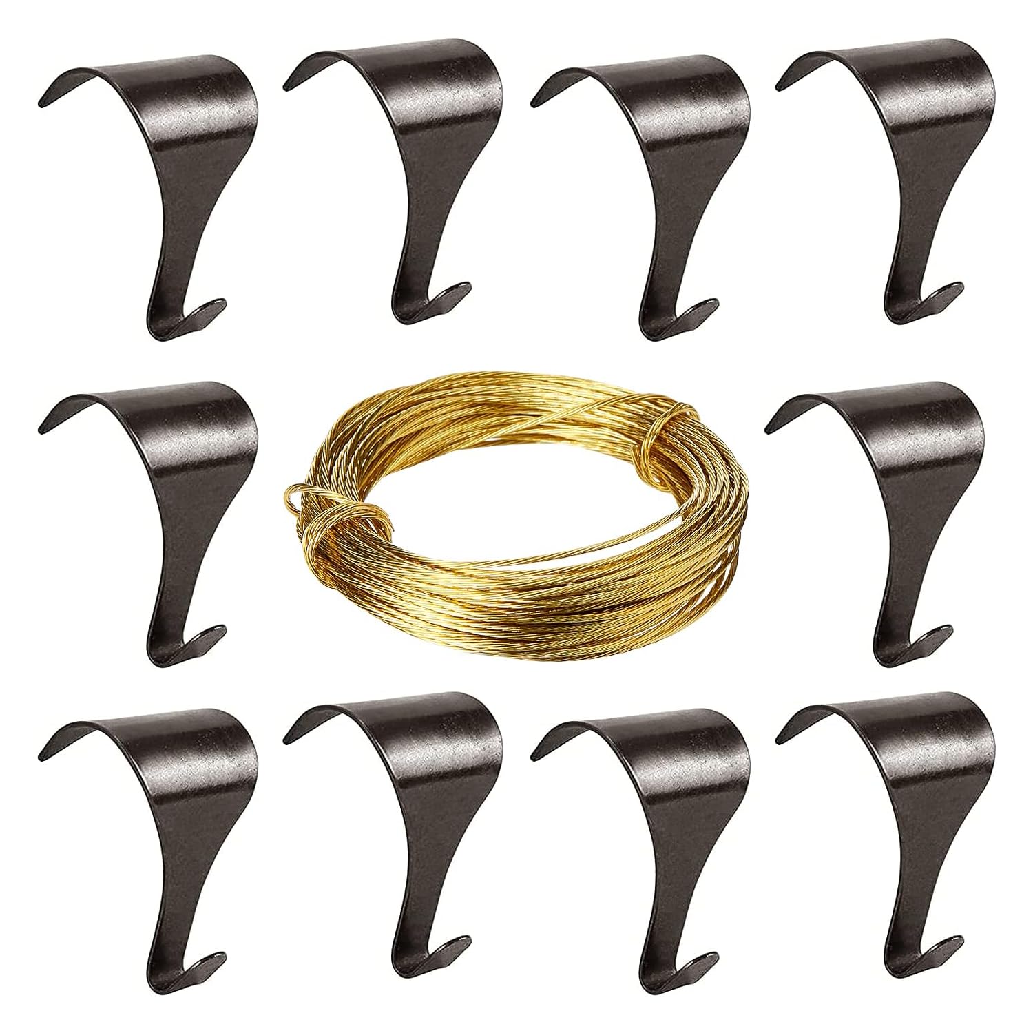 Picture Rail Moulding Hook 10pc Antique Brass Plated Picture Frame Photo Mirror Hangers with 6 Metres Brass Picture Wire
