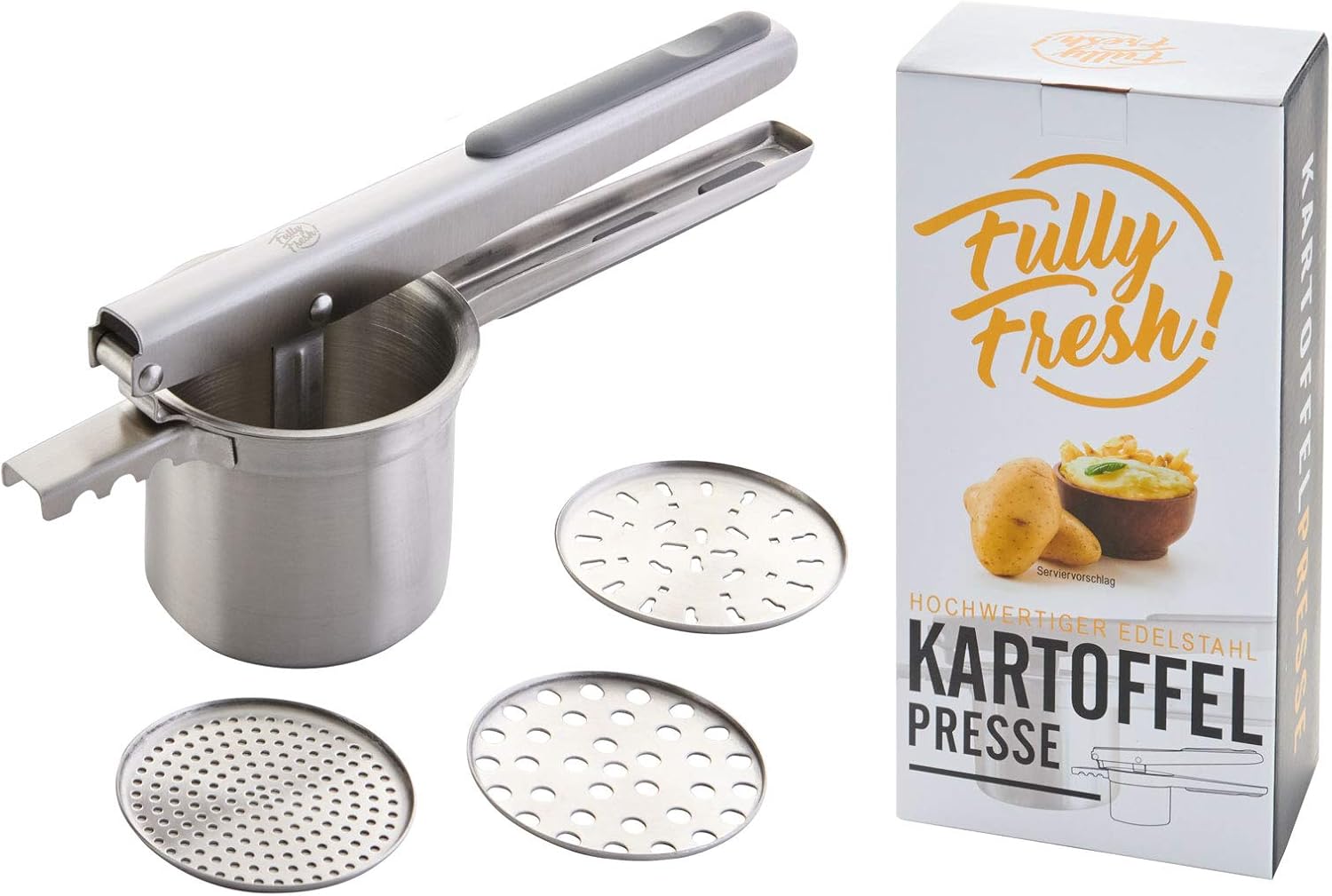 Fully Fresh! | Premium Spätzle-/Kartoffelpresse aus Edelstahl (3 Siebeinsätze zum Einklicken u.a. für Spaghettieis), rostfrei & spülmaschinenfest | Designed in Germany