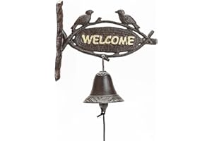 Sungmor Heavy Duty Cast Iron Wall Hanging Bell Welcome Sign - Decorative Retro Style Lovely Birds Manually Shaking Doorbell - Indoor Outdoor Wall Mounted Dinner Bell - Garden Home Wall Art Decoration