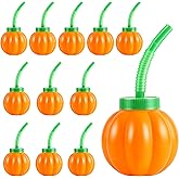 DJSSJS 12 Pcs 10 oz Fall Pumpkin Cups with Straws and Lids Autumn Party Cups Bulk Plasic Halloween Cups for Autumn Theme Party Favor Fall Birthday Decorations