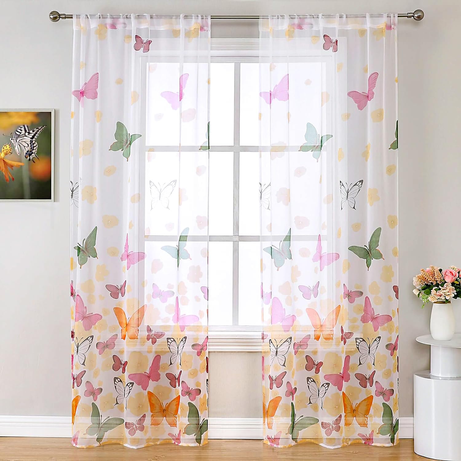 WUBODTI Butterfly Sheer Curtains for Girls Bedroom 2 Panels 106 inches Long, Extra long Colorful Printed Cute Voile Window Curtain Rod Pocket Pretty Kids Room Decor Drapes for Living Room Nursery