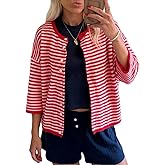 Women Short Sleeve Knitted Crop Cardigan Y2k Striped Button Up Lightweight Sweater Crew Neck Outwear Top