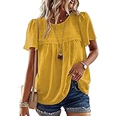 Poetsky Womens Summer Boho Tops Crewneck Short Sleeve Babydoll Shirts Casual Chiffon Work Blouses