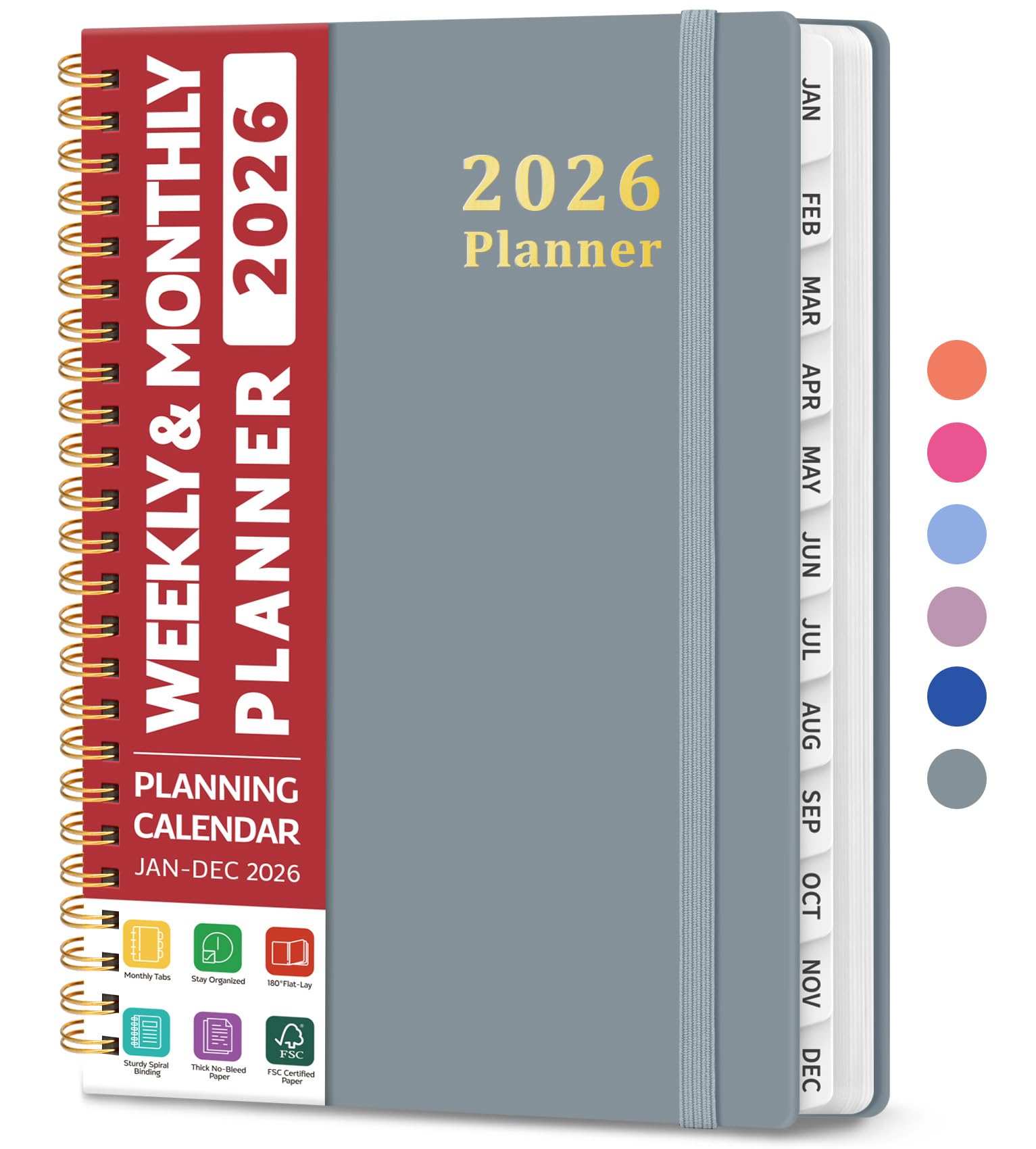 Photo 1 of 2026 Planner, Weekly and Monthly Calendar Planner, January 2026 - December 2026, Hardcover 2026 Calendar Book with Tabs For Women & Men, Inner Pocket, Spiral Bound, Perfect for Office Home School Supplies - A5 (6.3" x 8.5"), Stone Gray