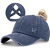 Epsoco Womens Criss Cross Ponytail Baseball Cap Distressed Ponytail Hat High Messy Bun Trucker Ponycap for Outdoor Sports