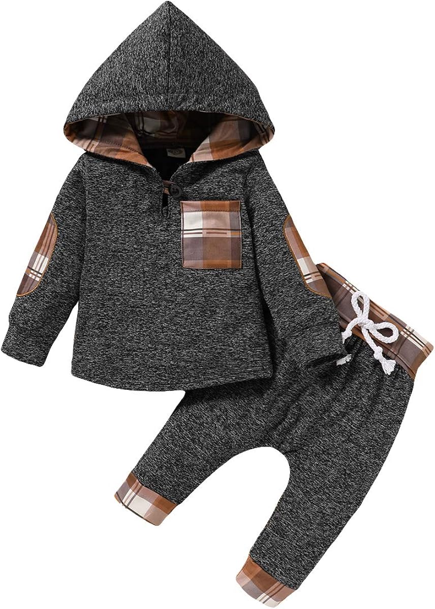 Baby Boy Clothes Fall Outfits Plaid Pocket Hoodie Sweatshirt + Pants Winter Clothes Set: Clothing
