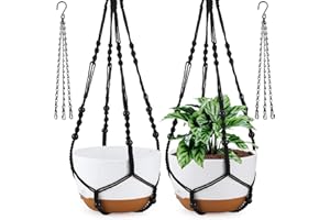 Dovesail 10 Inch Hanging Planter, 2 Pack Hanging Plant Self Watering Pot with Drainage Holes & Saucers, Hanging Baskets Flower Pots with Black Macrame Rope Hangers for Garden Home -White