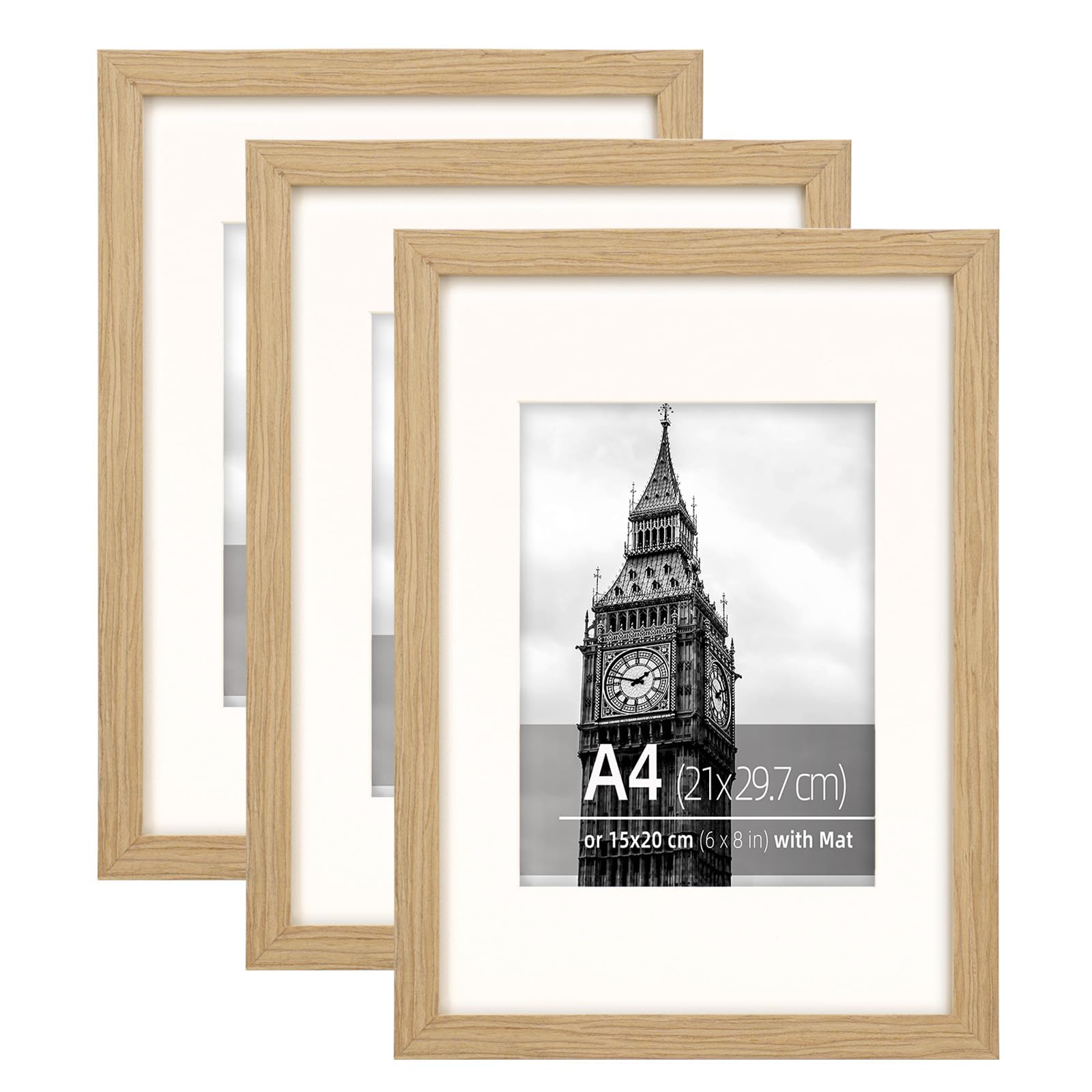 Eitida A4 (21x29.7 cm) Modern Straight Picture Frame Set, Natural Oak Textured Wood Grain, with Mount for 15x20 cm, Tabletop or Wall Dispaly, 3 Pack