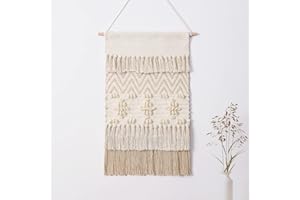 Dremisland Macrame Woven Wall Hanging Home Decor Bohemian Beige Geometric Wave Art Decor with Wool Ball and Tassle-Elegant Ap