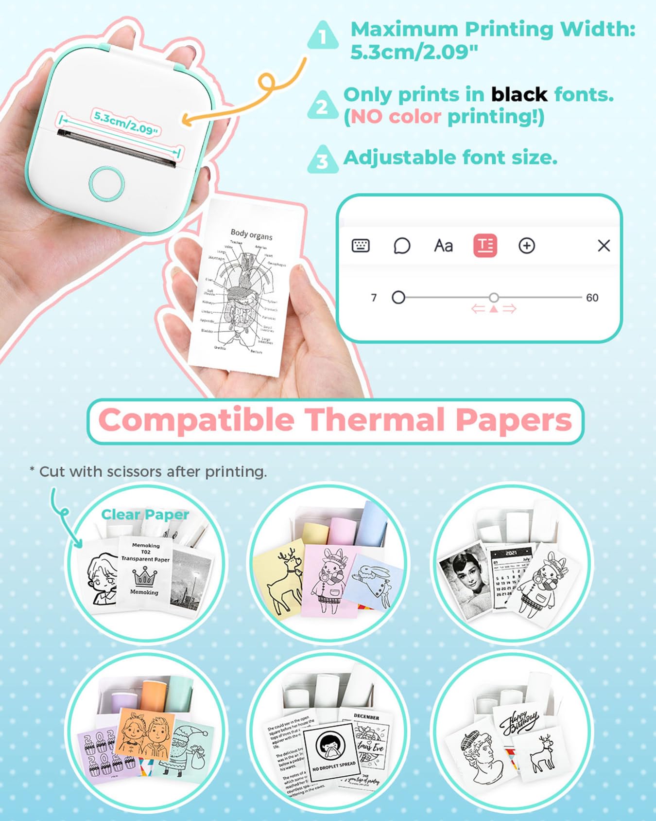 Memoking Sticker Printer - T02 Mini Printer Print Pods Portable Thermal Inkless Sticker Maker Machine Bluetooth Pocket Impresora Portátil Instant Print for Notes, Anatomical Diagrams, Journal,DIY,Gift