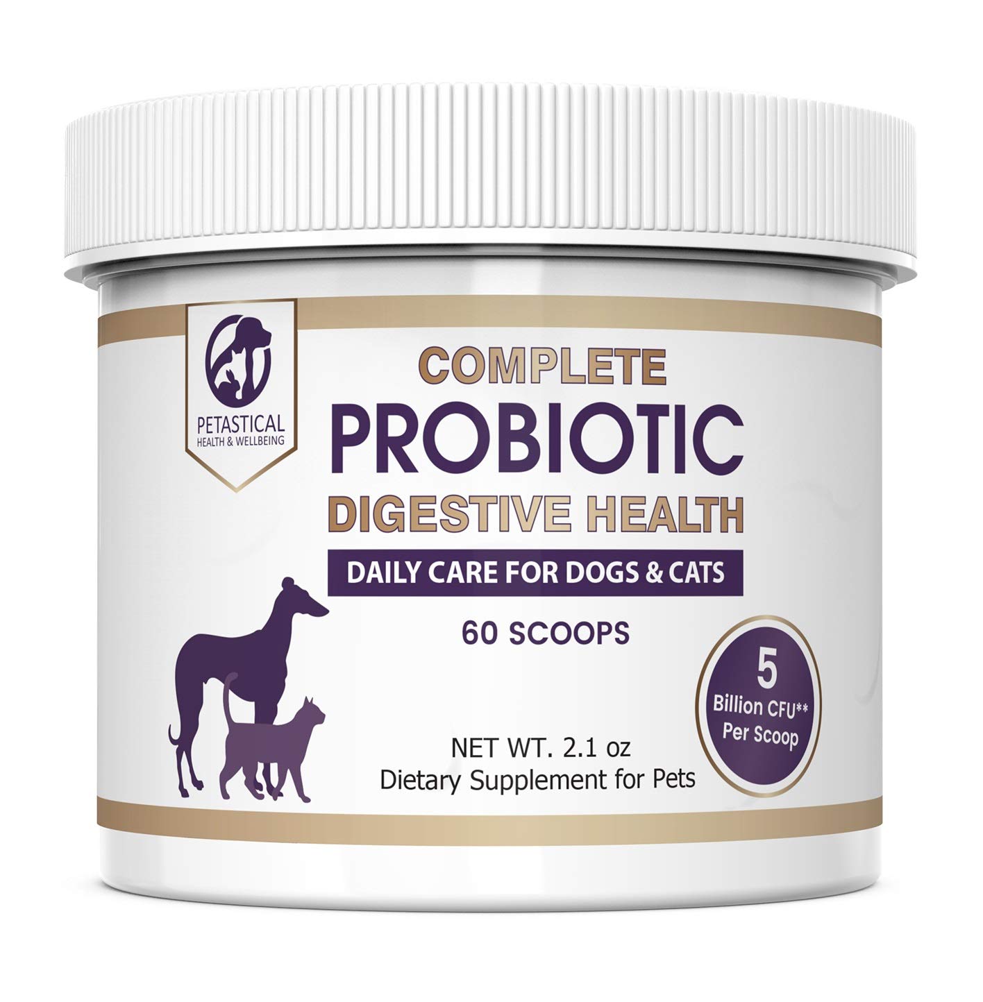Petastical Probiotics for Dogs and Cats, 5 BILLION CFU Max Strength Canine Feline Probiotic Powder for Digestive Health Pet Supplement, 60 Powder Scoop