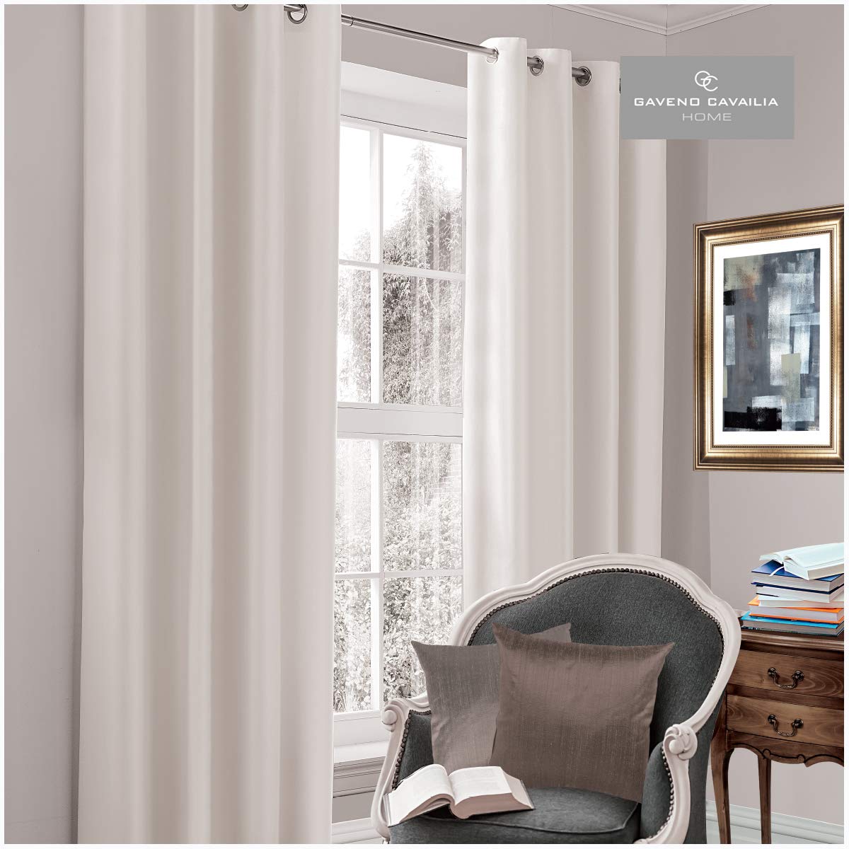 Gaveno Cavailia Luxury Thermal Fully Lined Pair of Eyelet BLACK OUT CURTAINS White 66x90 Inches