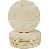 Natural Travertine Stone Coasters Set of 4 with Cork Backing – 4” (10cm) Round Absorbent Drink Coasters, Non-Slip Coffee Table Protectors, Rustic Farmhouse & Modern Décor, Gift-Ready