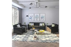 EMKK Button Tufted Upholstered Living Room Furniture Set, Including 3-Seater Sofa, Loveseat and Single Chair, Armchair for Apartment, Black Cushion-A