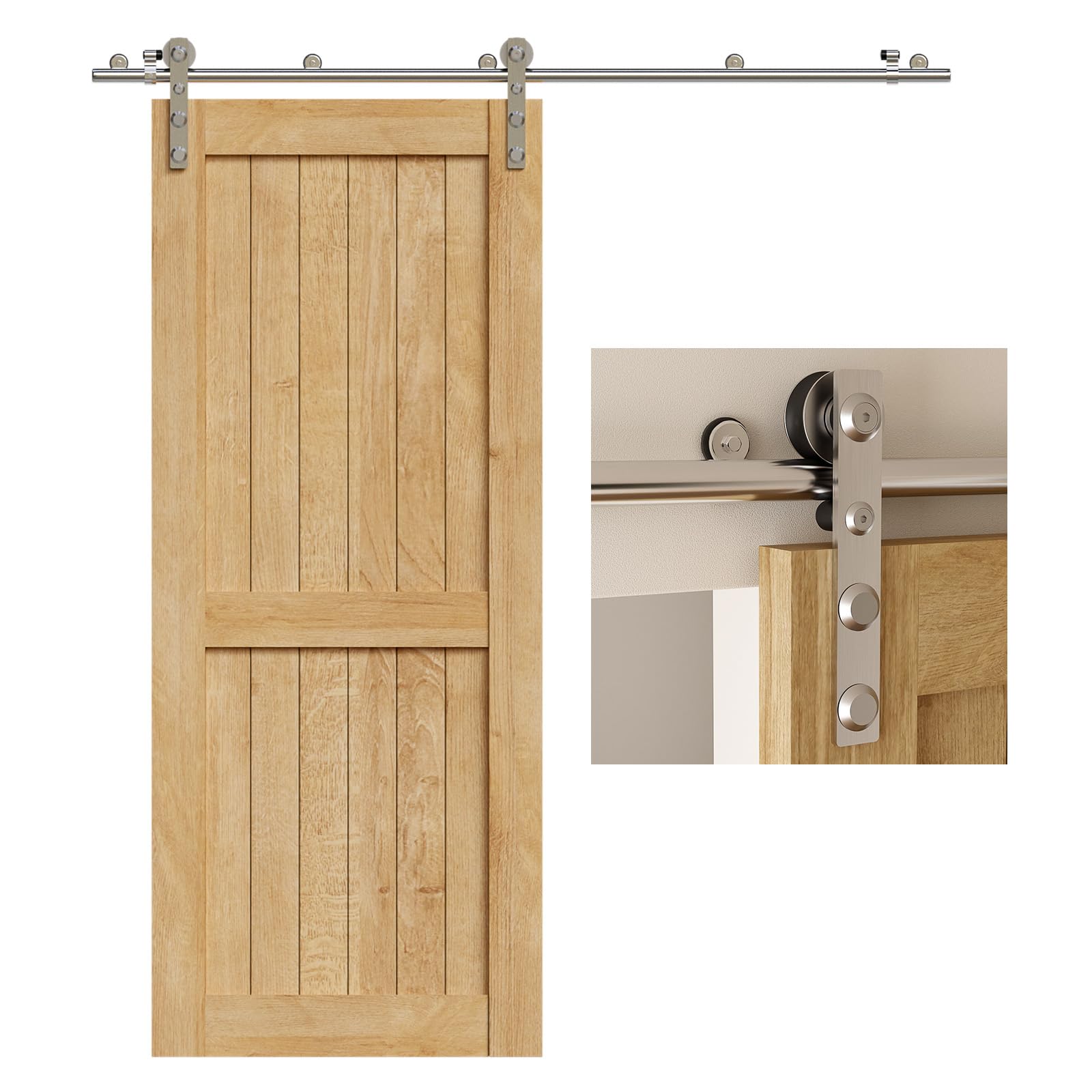 WOLFBIRD 6FT/183cm Sliding Track Barn Door Hardware Kit Stainless Steel Heavy Duty for Single Wood Door(Flat Head Hanger)