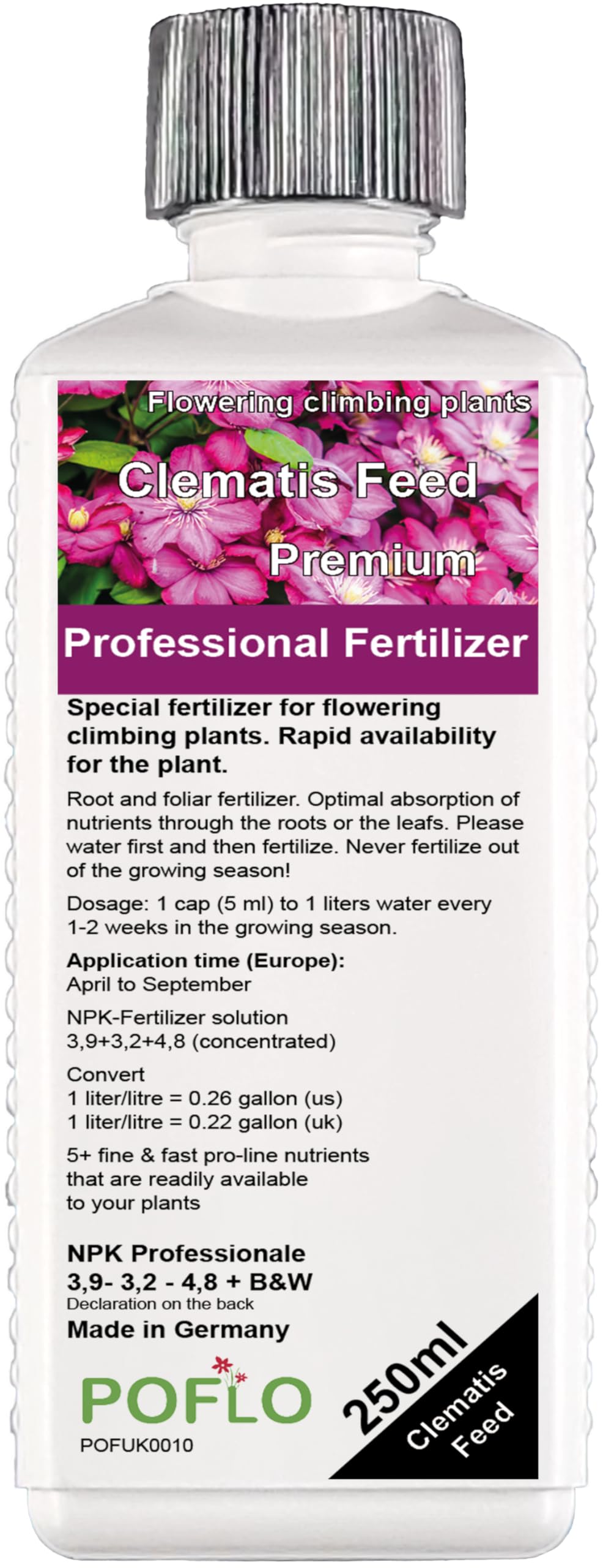 POFLO Special NPK liquid fertilizer for clematis and flowering climbing plants. Professional High-tech complete fertilizer 250ml