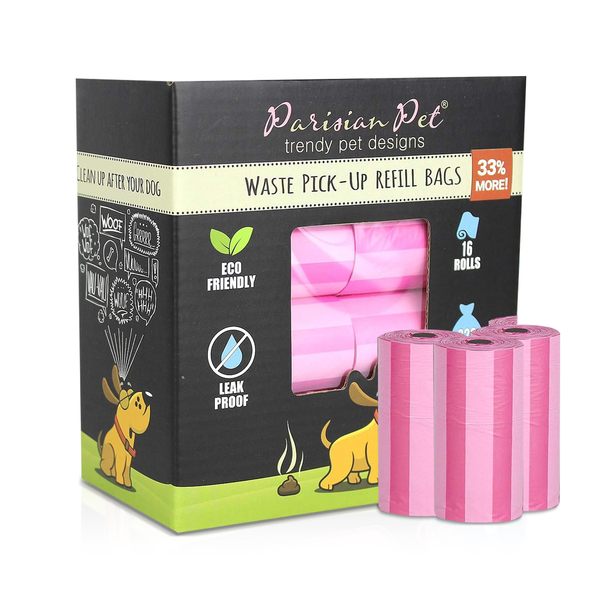 Parisian Pet Dog Poop Bags for Dogs – Refills Rolls of Doggie Bags for Poop – Unscented Dog Poop Bag – Eco-Friendly Pickup Pet Waste Bags, 16 Rolls, Striped Pink