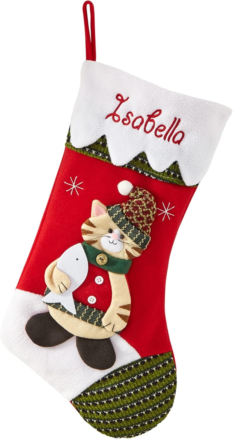 Stockings & Holders - Let's Make Memories Personalized Christmas Stocking - Snow Cap - 3D Plush Character - Embroidered Name - Christmas Décor - Holiday Décor - Customized Stockings for Family - Cat