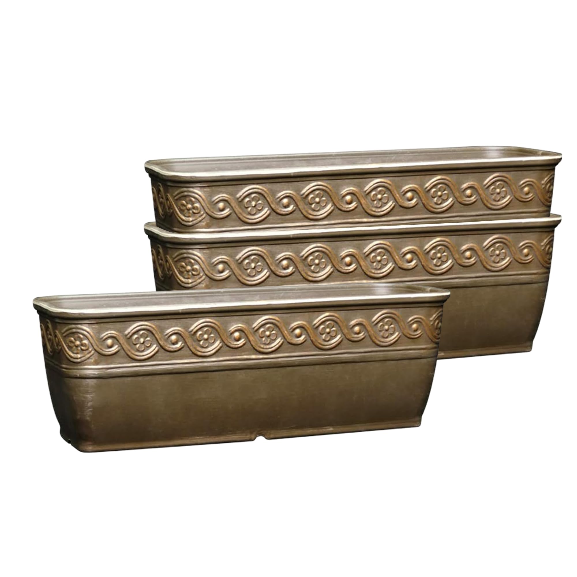 Classic Home and Garden Corinthian Rectangular Trough Window Box Planter, 10", Bronze, Pack of 3