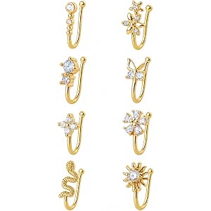 TKWXE Fake Nose Piercings Gold Fake Nose Rings Non Piercing Jewelry | Multi-Style Gold Plated Nose Cuff No Commitment Easy To