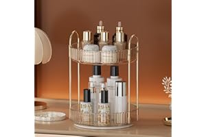 UNICOMVSX Rotating Makeup Organizer for Vanity, Spinning Cosmetics Storage for Bathroom Countertop, Skincare Holder Rack for Facial Cream, Perfume, Lotion, Lipstick (2 Tier, Amber)