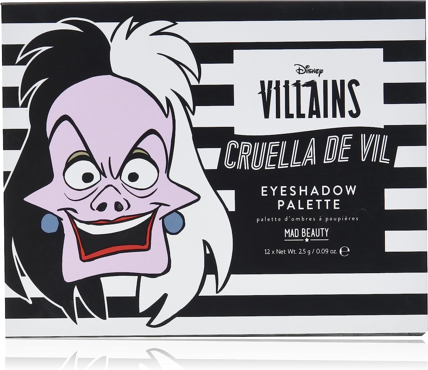 MAD BEAUTY Disney Villains Cruella de Vil Eyeshadow Palette, 101 Dalmatians Striped Pattern, 12 Fabulous Shades, Black and White, Novelty Gift