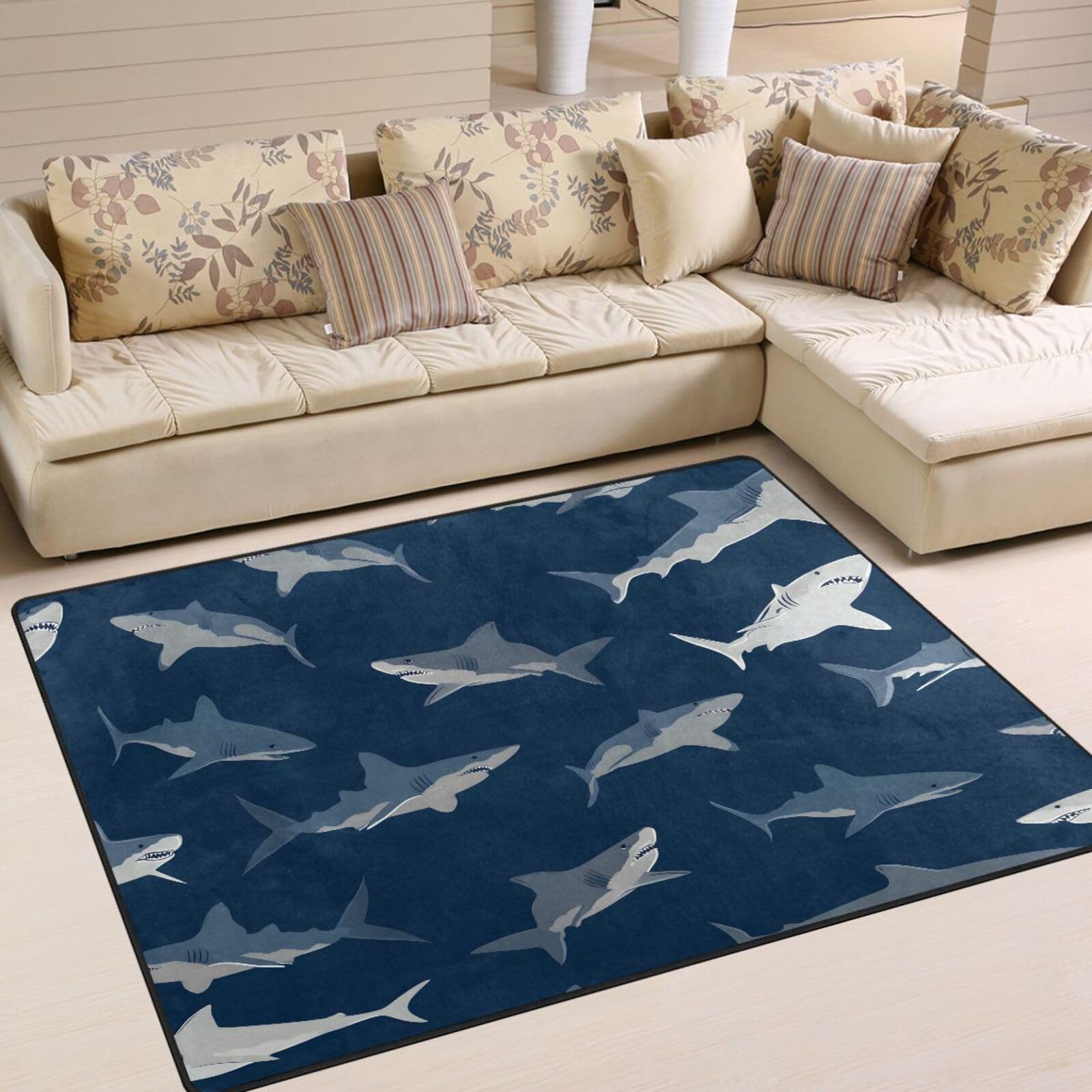 ALAZA Blue Cartoon Shark Print Area Rug Rugs for Living Room Bedroom 4'10" x 6'8"
