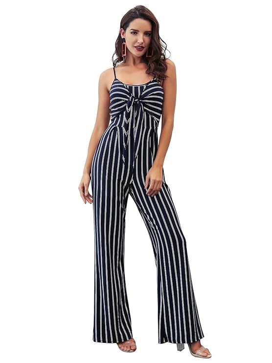 Glamaker Womens Casual Strap Striped Long Pants Jumpsuit Romper Sleeveless,Royal Blue,Medium